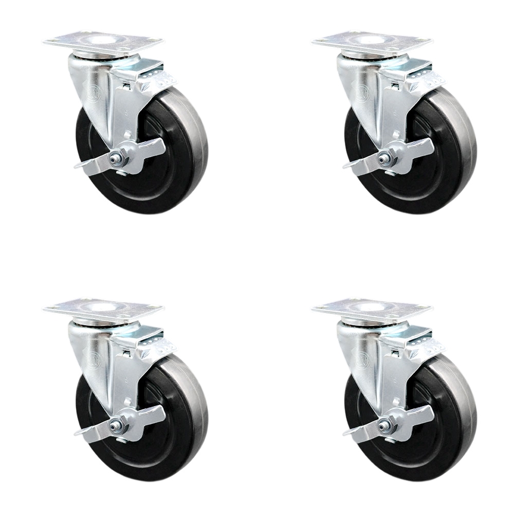 Swivel Caster Set of 4 with Brakes and 5 Inch Hard Rubber Wheel – 300 lbs. Capacity Per Caster – 4 Inch x 4-1/2 Inch Overall Top Plate–Service Caster Brand — photo 1
