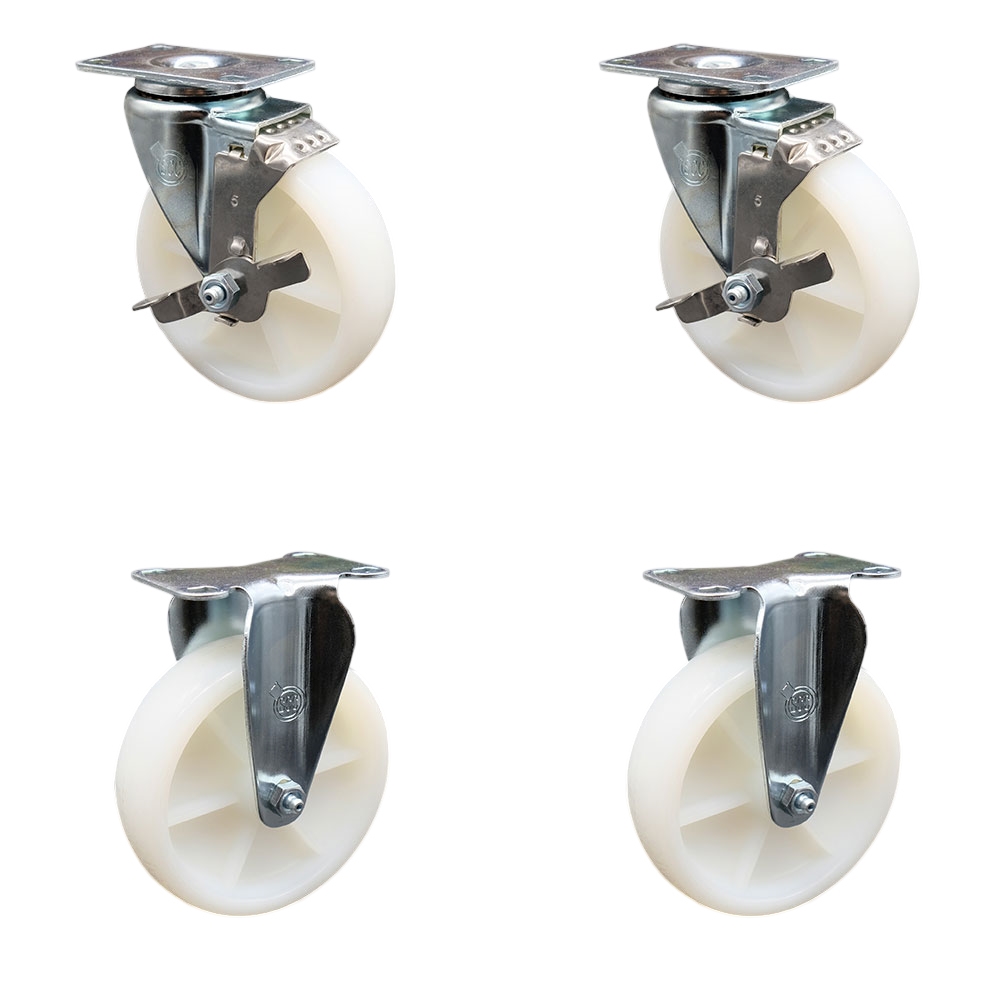 Nylon Swivel Top Plate Caster Set of 4 with 5 Inch White Wheels - Includes 2 Swivel with Top Locking Brakes and 2 Rigid - 1200 lbs. Total Capacity - Service Caster Brand — photo 1