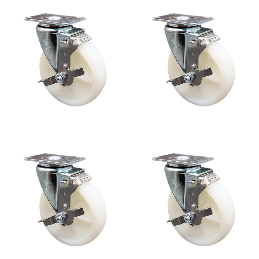 Nylon Swivel Top Plate Caster Set of 4 with 5 Inch White Wheels - Includes 4 Swivel with Top Lock Brakes - 1200 lbs. Total Capacity - Service Caster Brand — photo 1
