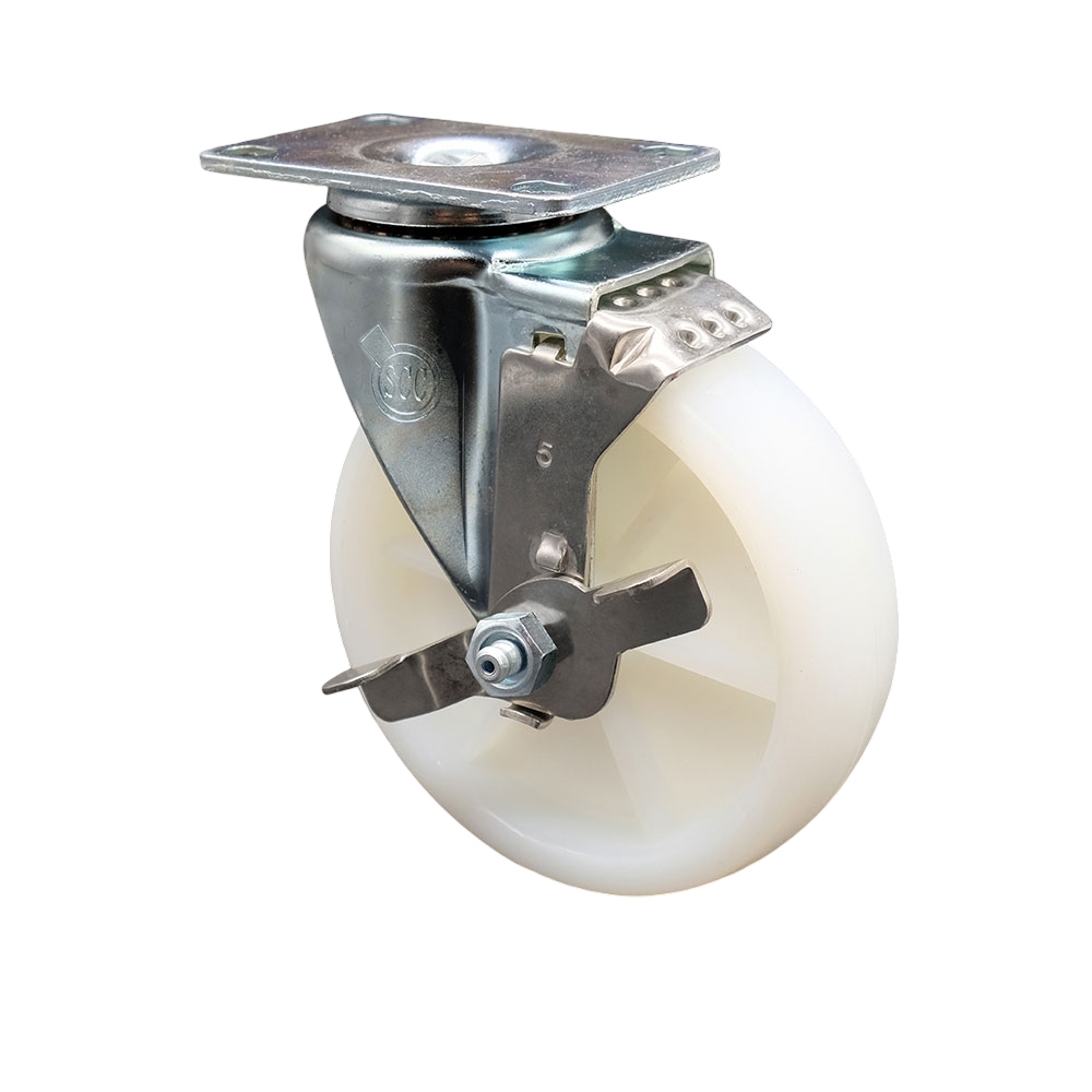 5 Inch Swivel Caster with White Nylon Wheel and Brake - 300 lbs Capacity per Caster - Service Caster Brand — photo 1