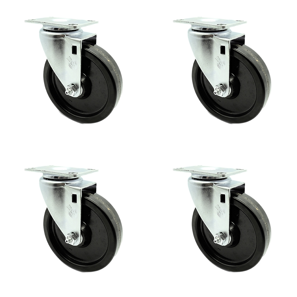 Phenolic Swivel Top Plate Caster with Roller Bearing - 5 Inch Black Wheel and Total Locking Brake - 300 lbs. Capacity Per Caster - Service Caster Brand — photo 1