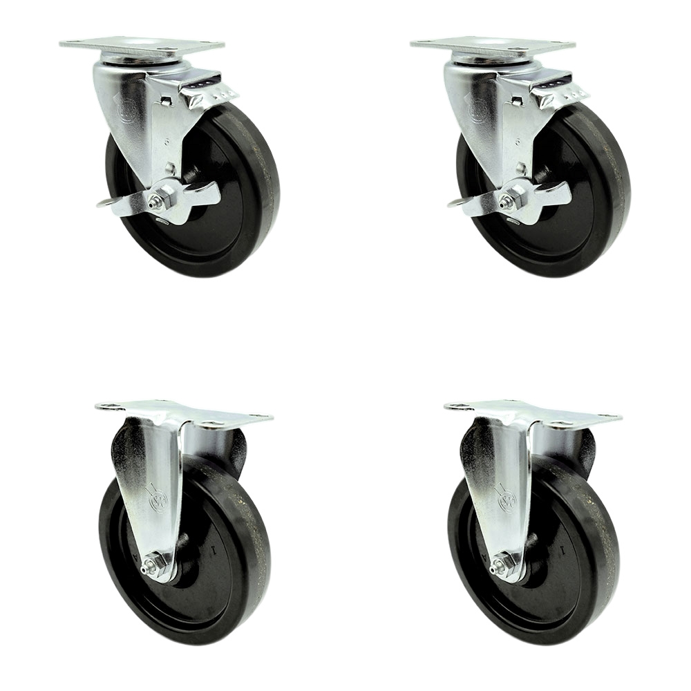 Phenolic Swivel Top Plate Caster Set of 4 with Roller Bearings - 5 Inch Wheels - Includes 2 Swivel with Top Locking Brakes and 2 Rigid-1200 lbs. Total Capacity - Service Caster Brand — photo 1