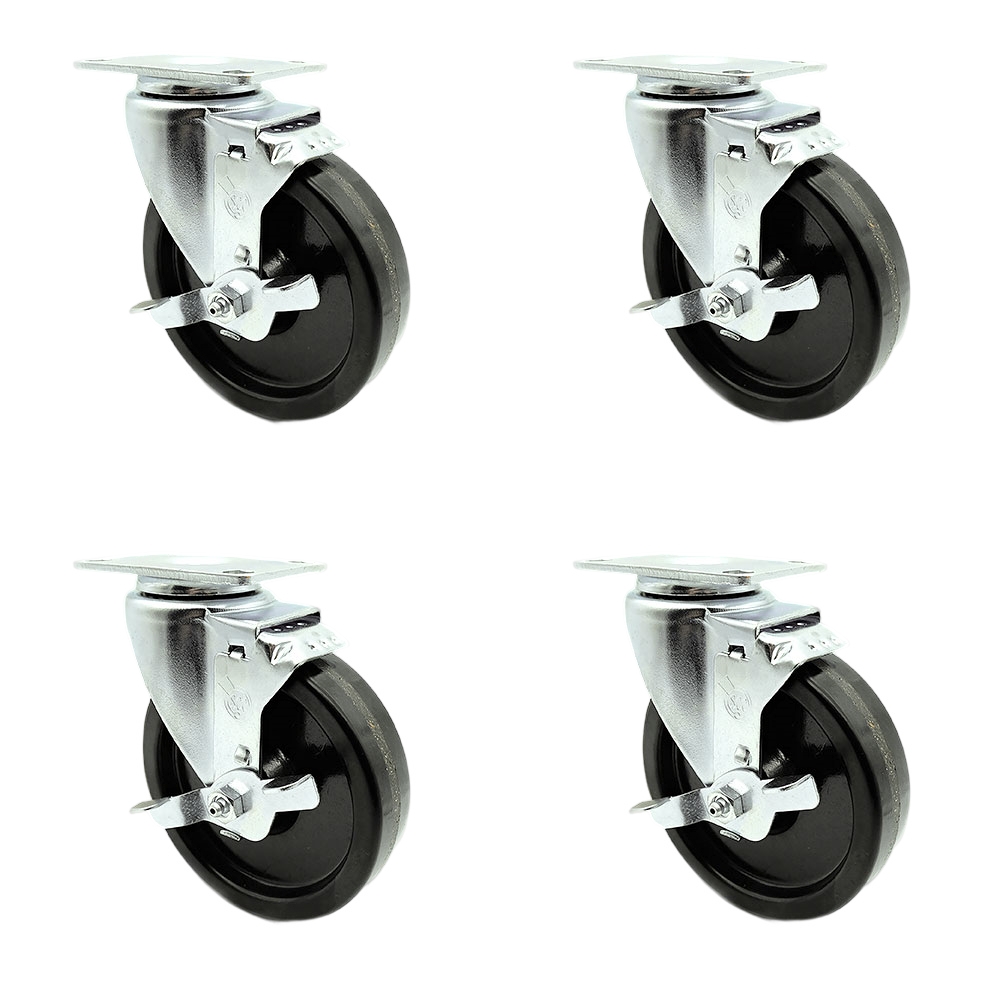 Phenolic Swivel Top Plate Caster Set of 4 with Roller Bearings - 5 Inch Black Wheels - Includes 4 Swivel with Top Lock Brakes - 1200 lbs. Total Capacity - Service Caster Brand — photo 1