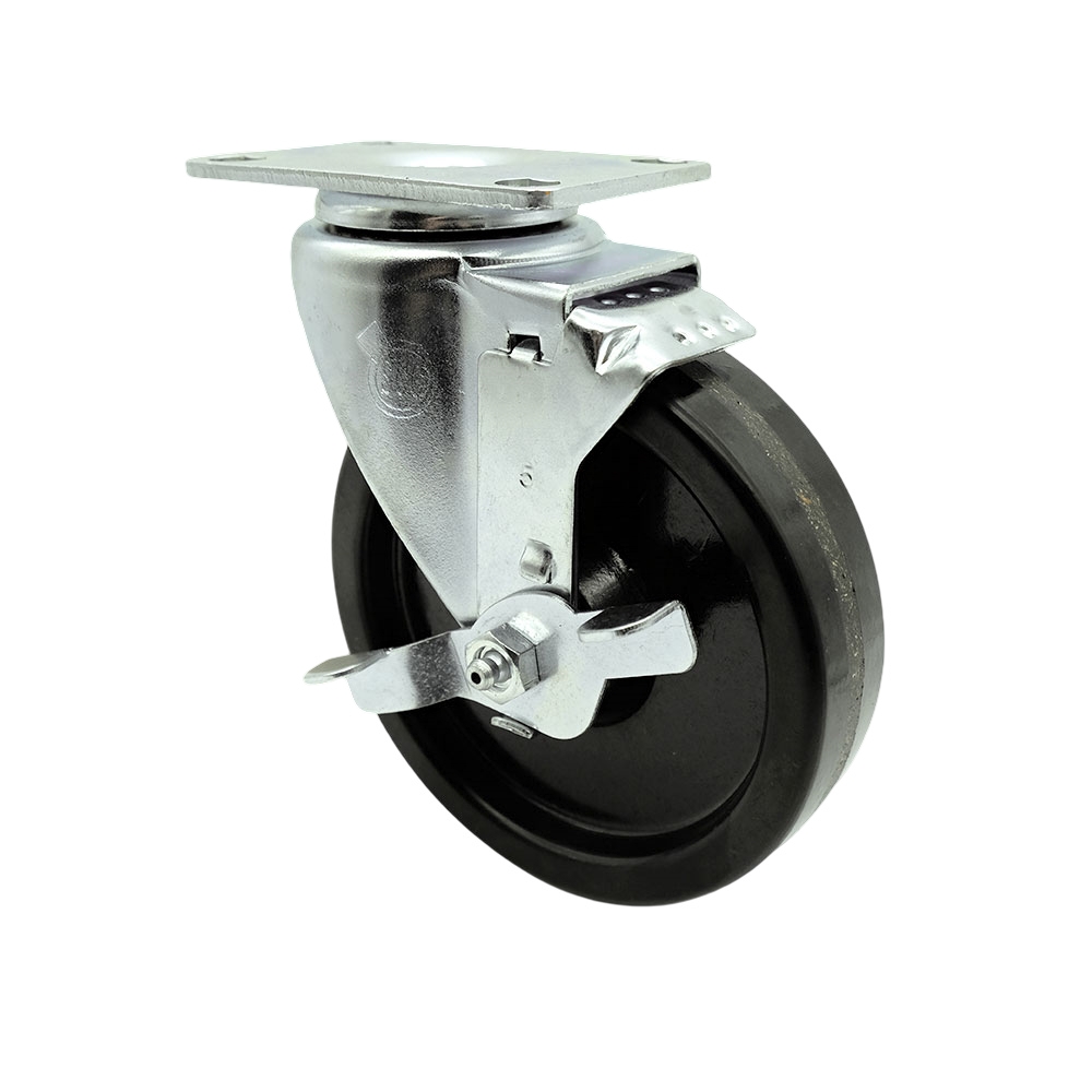 Phenolic Swivel Top Plate Swivel Caster with Roller Bearing - 5 Inch Black Wheel and Top Locking Brake - 300 lbs. Capacity Per Caster - Service Caster Brand — photo 1