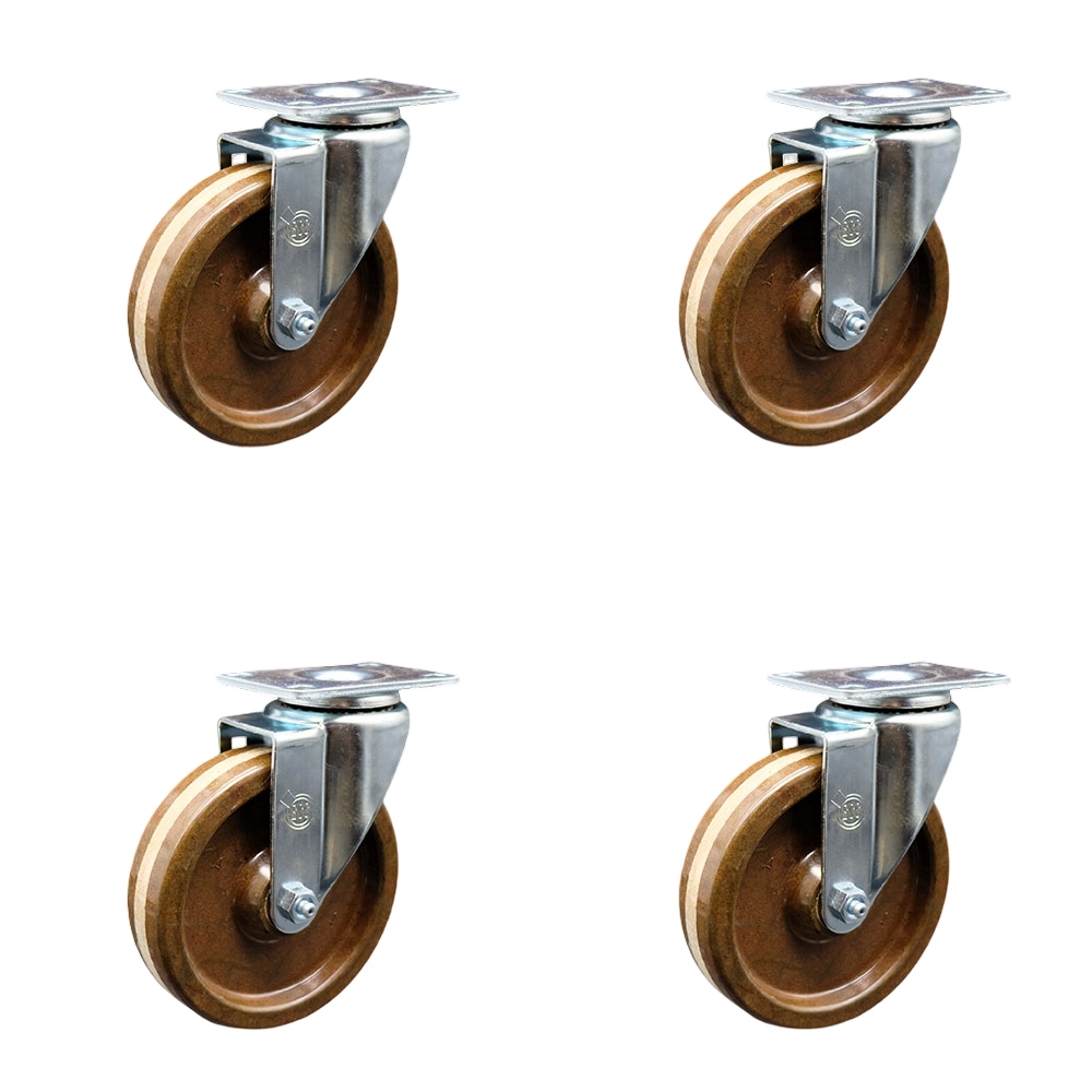High Temperature Swivel Caster Set of 4 with 5 Inch High Temperature Phenolic Wheel with Roller Bearing – 300 lbs. Capacity Per Caster – 3-1/8 Inch x 4-1/8 Inch Overall Top Plate –Service Caster Brand — photo 1