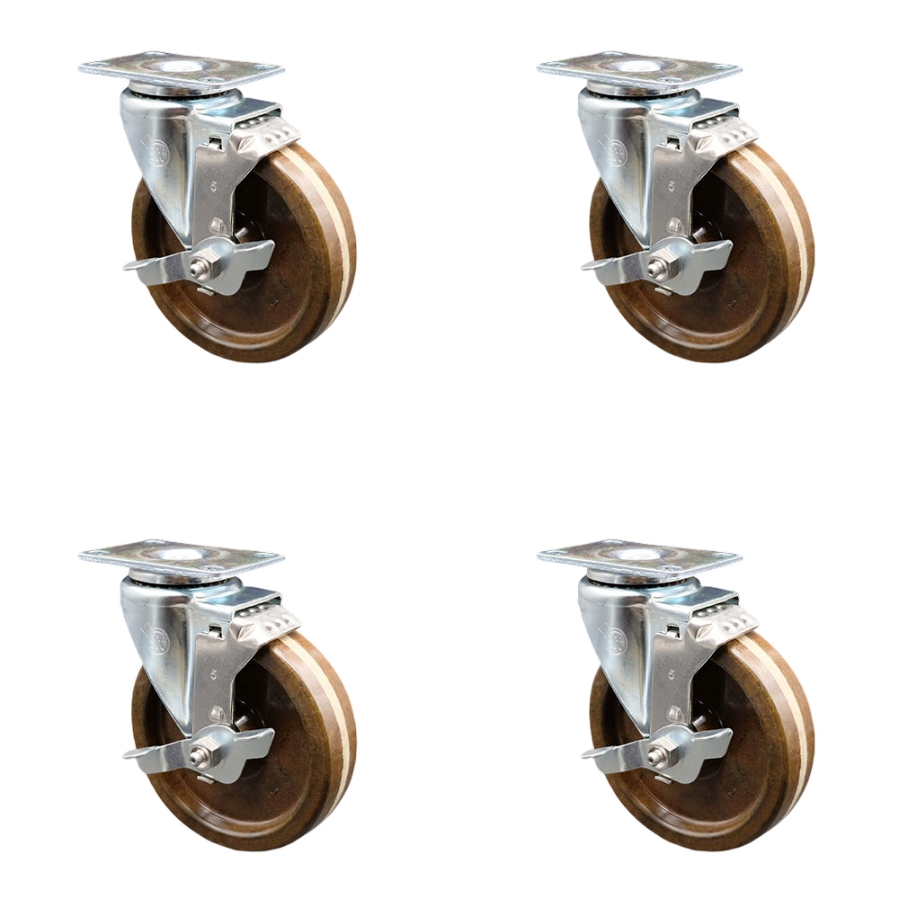 High Temperature Phenolic Swivel Top Plate Caster Set of 4 with Roller Bearings-5 Inch Wheels - Includes 4 Swivel with Top Lock Brakes-1200 lbs. Total Capacity - Service Caster Brand — photo 1