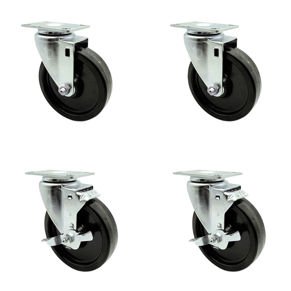 Swivel Caster Set of 4 with 2 Brakes - 5 Inch Phenolic Wheel with Roller Bearing – 300 lbs. Capacity Per Caster – 4 Inch x 4-1/2 Inch Overall Top Plate – Service Caster Brand — photo 1