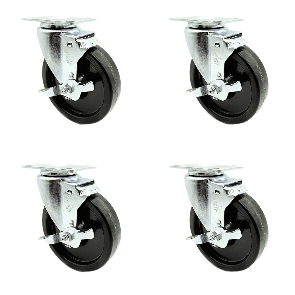 Swivel Caster Set of 4 with Brakes and 5 Inch Phenolic Wheel with Roller Bearing – 300 lbs. Capacity Per Caster – 3-1/8 Inch x 4-1/8 Inch Overall Top Plate – Service Caster Brand — photo 1