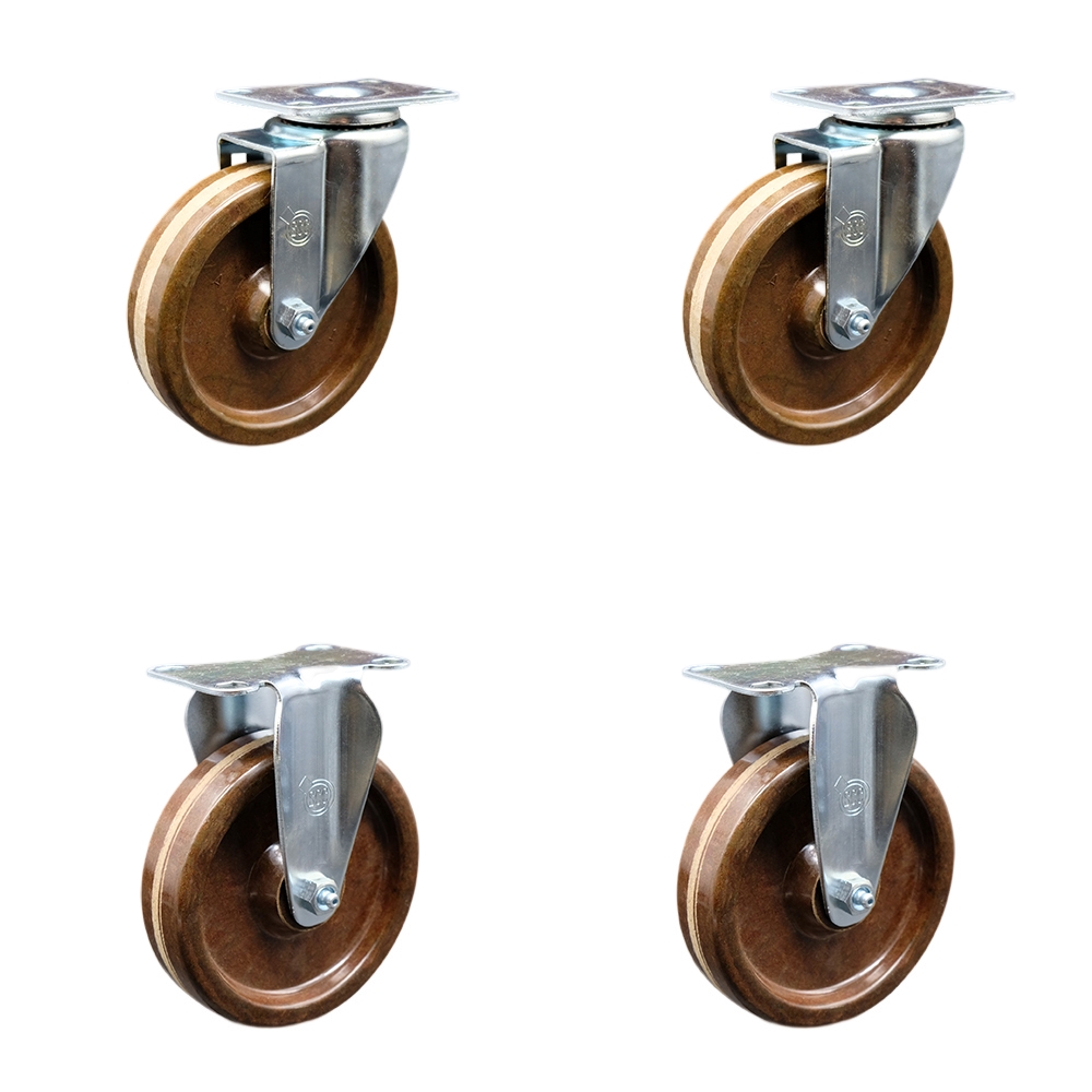 High Temperature Phenolic Swivel Top Plate Caster Set of 4 with 5 Inch Brown Wheels - Includes 2 Swivel and 2 Rigid - 1200 lbs. Total Capacity - Service Caster Brand — photo 1