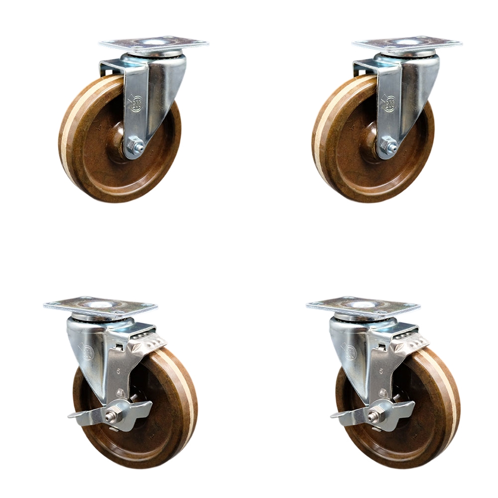 High Temperature Swivel Caster Set of 4 with 2 Brakes and 5 Inch High Temperature Phenolic Wheel – 300 lbs. Capacity Per Caster–4 Inch x 4-1/2 Inch Overall Top Plate–Service Caster Brand — photo 1