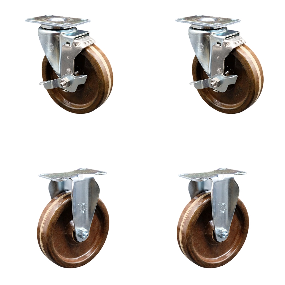 High Temperature Caster Set of 4 with 2 Brakes and 2 Rigid -5 Inch High Temperature Phenolic Wheel–300 lbs. Capacity Per Caster–4 Inch x 4-1/2 Inch Overall Top Plate–Service Caster Brand — photo 1