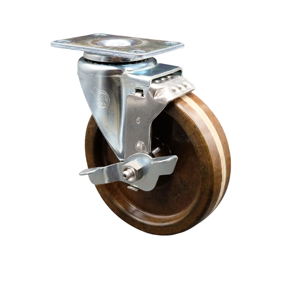 High Temperature Swivel Caster with Top Lock Brake and 5 Inch High Temperature Phenolic Wheel – 300 lbs. Capacity Per Caster – 4 Inch x 4-1/2 Inch Overall Top Plate –Service Caster Brand — photo 1