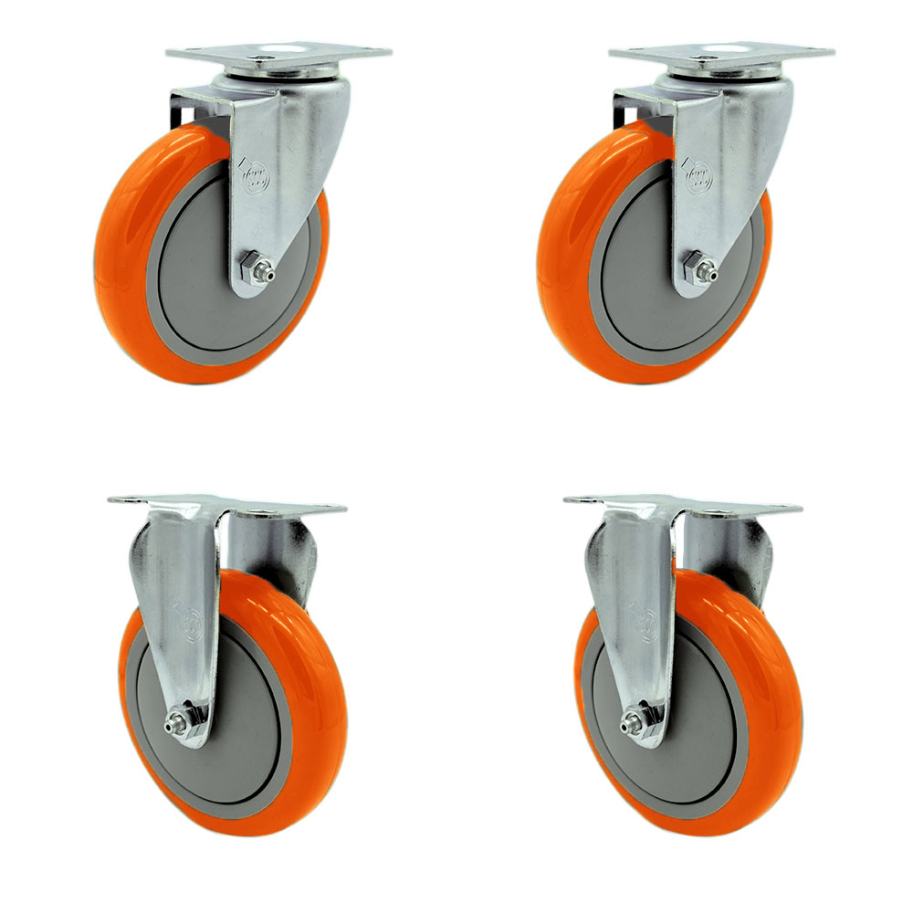 Swivel Caster Set of 4 with 2 Rigid Casters - 5 Inch Orange Polyurethane Wheel – 350 lbs. Capacity Per Caster–3-1/8 Inch x 4-1/8 Inch Overall Top Plate–Service Caster Brand — photo 1
