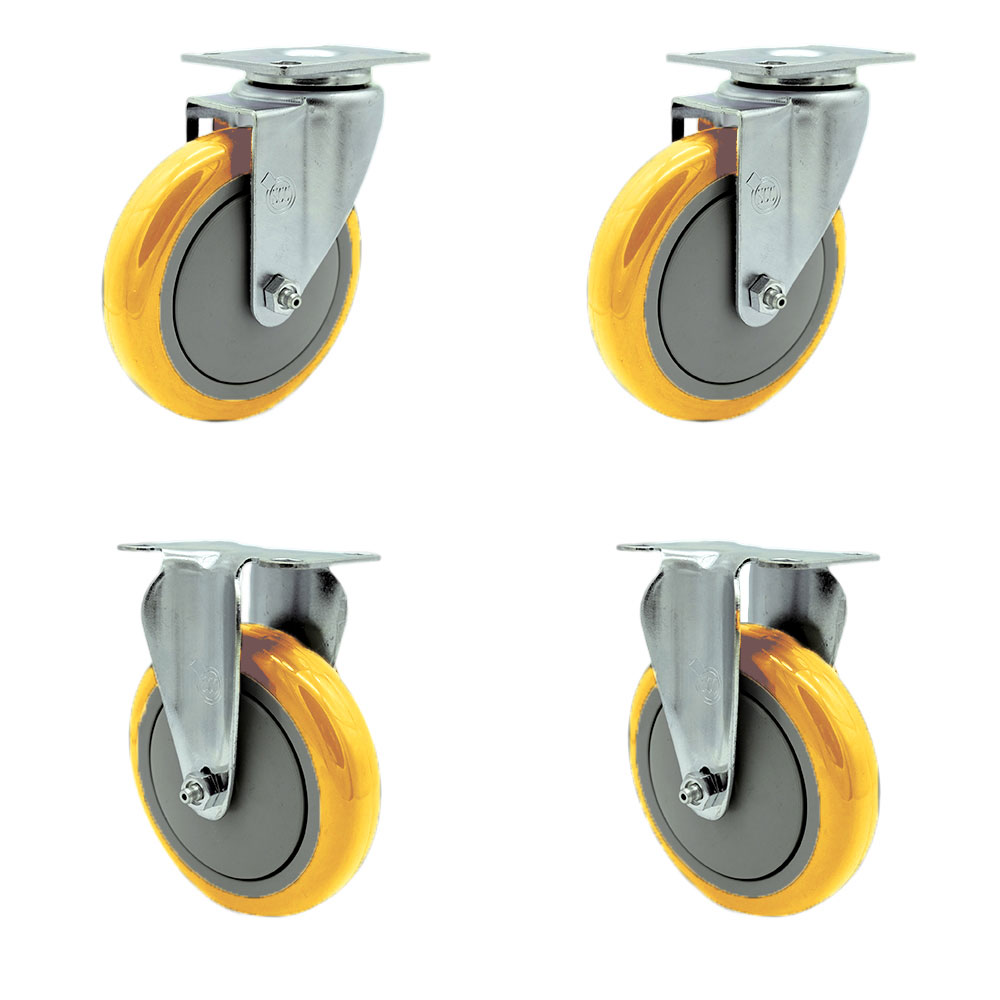 Swivel Caster Set of 4 with 2 Rigid Casters - 5 Inch Yellow Polyurethane Wheel – 350 lbs. Capacity Per Caster–4 Inch x 4-1/2 Inch Overall Top Plate–Service Caster Brand — photo 1