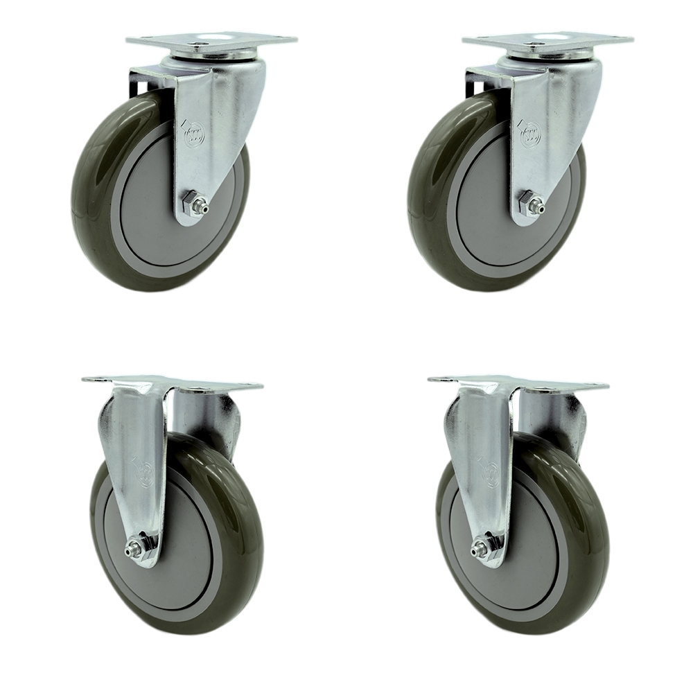 Polyurethane Swivel Top Plate Caster Set of 4 with 5 Inch Gray Wheels - Includes 2 Swivel and 2 Rigid - 1400 lbs. Total Capacity - Service Caster Brand — photo 1