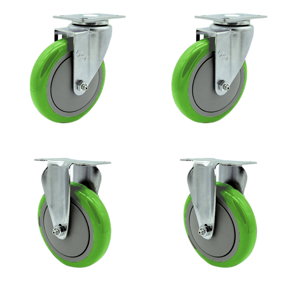 Swivel Caster Set of 4 with 2 Rigid Casters - 5 Inch Green Polyurethane Wheel – 350 lbs. Capacity Per Caster–3-1/8 Inch x 4-1/8 Inch Overall Top Plate–Service Caster Brand — photo 1