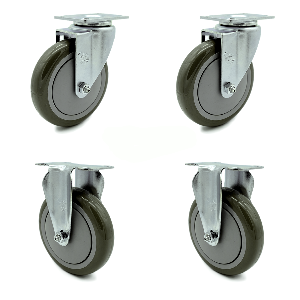 Swivel Caster Set of 4 with 2 Rigid Casters - 5 Inch Gray Polyurethane Wheel – 350 lbs. Capacity Per Caster–3-1/8 Inch x 4-1/8 Inch Overall Top Plate–Service Caster Brand — photo 1