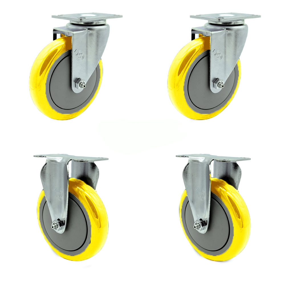 Swivel Caster Set of 4 with 2 Rigid Casters - 5 Inch Yellow Polyurethane Wheel – 350 lbs. Capacity Per Caster–3-1/8 Inch x 4-1/8 Inch Overall Top Plate–Service Caster Brand — photo 1
