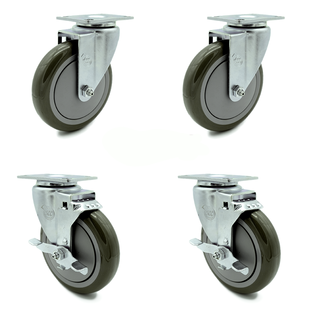 Swivel Caster Set of 4 with 2 Brakes - 5 Inch Gray Polyurethane Wheel – 350 lbs. Capacity Per Caster – 4 Inch x 4-1/2 Inch Overall Top Plate – Service Caster Brand — photo 1