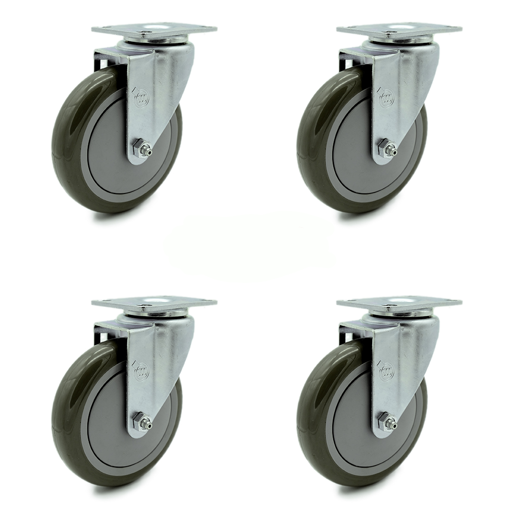 Swivel Caster Set of 4 with 5 Inch Gray Polyurethane Wheel – 350 lbs. Capacity Per Caster – 3-1/8 Inch x 4-1/8 Inch Overall Top Plate – Service Caster Brand — photo 1