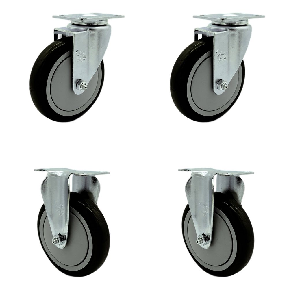 Swivel Caster Set of 4 with 2 Rigid Casters - 5 Inch Black Polyurethane Wheel – 350 lbs. Capacity Per Caster–4 Inch x 4-1/2 Inch Overall Top Plate–Service Caster Brand — photo 1