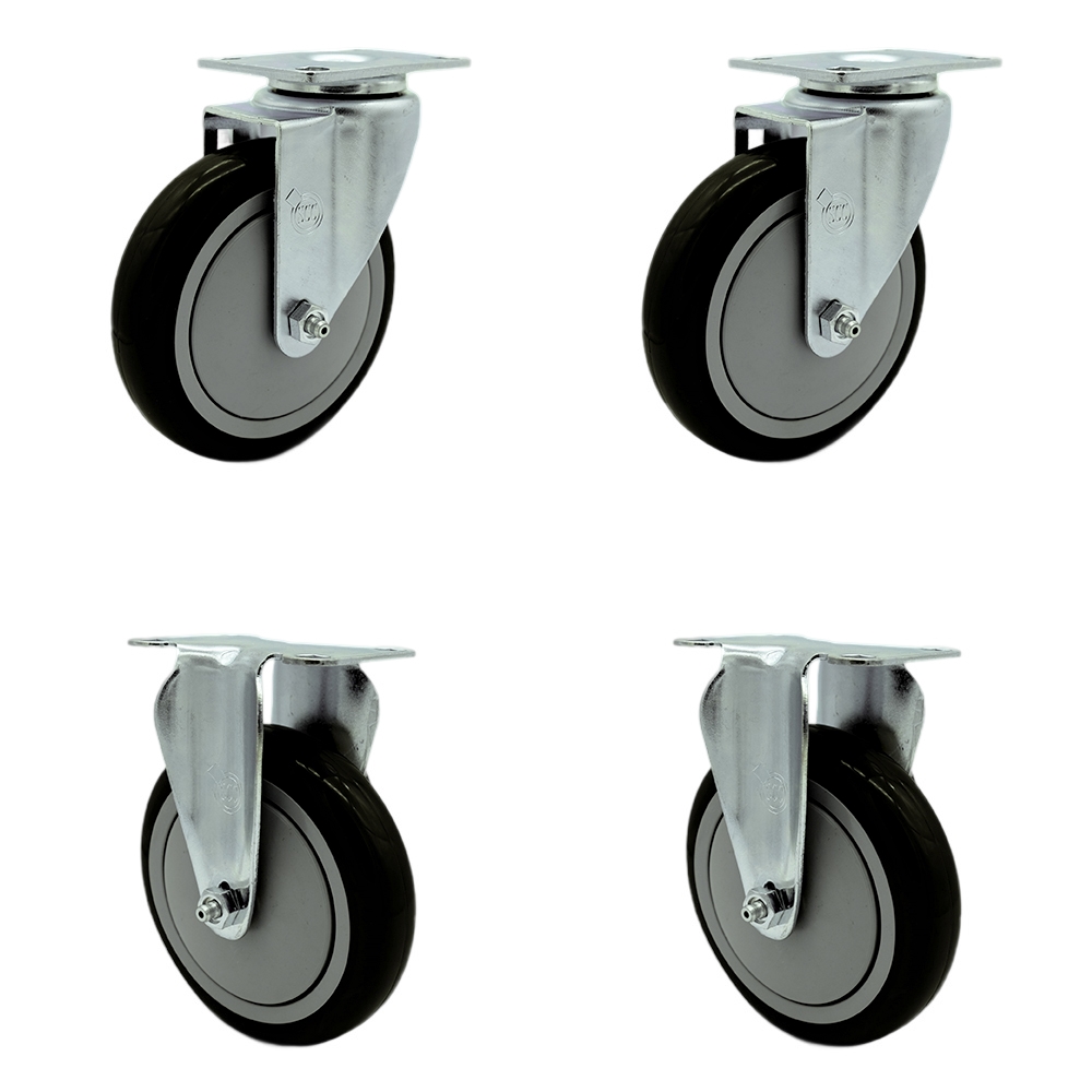 Polyurethane Swivel Top Plate Caster Set of 4 with 5 Inch Black Wheels - Includes 2 Swivel and 2 Rigid - 1400 lbs. Total Capacity - Service Caster Brand — photo 1