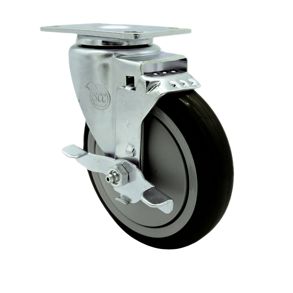 Swivel Caster with Top Lock Brake and 5 Inch Black Polyurethane Wheel – 350 lbs. Capacity Per Caster – 3-1/8 Inch x 4-1/8 Inch Overall Top Plate –Service Caster Brand — photo 1