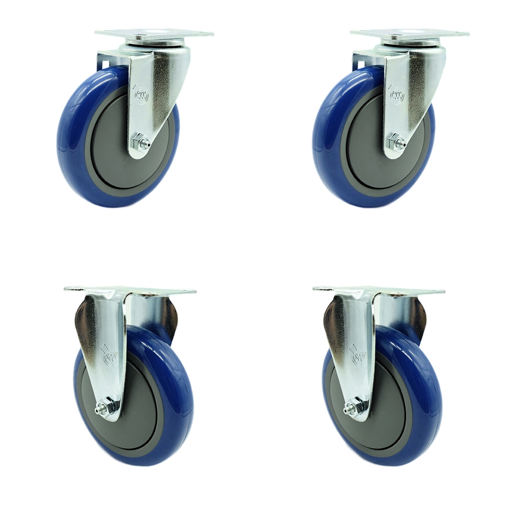 Swivel Caster Set of 4 with 2 Rigid Casters - 5 Inch Blue Polyurethane Wheel – 350 lbs. Capacity Per Caster–4 Inch x 4-1/2 Inch Overall Top Plate–Service Caster Brand — photo 1