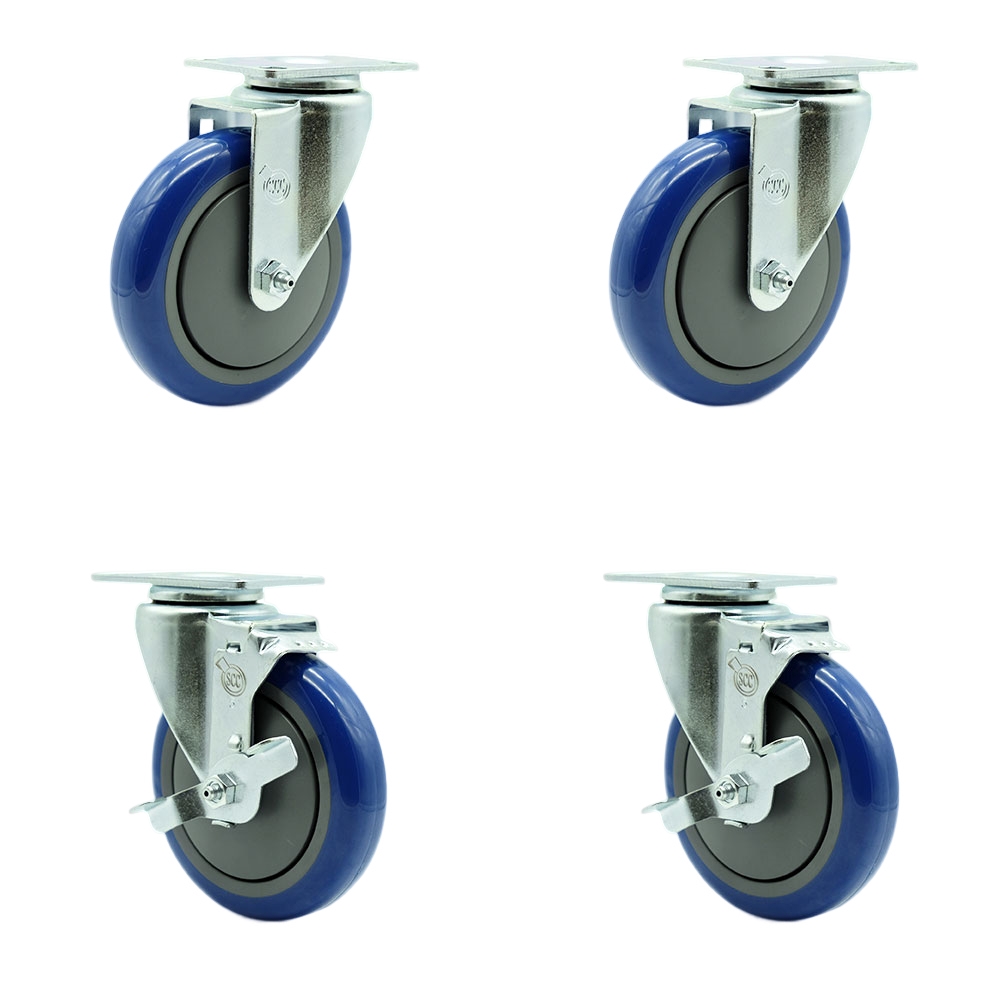 Service Caster Brand Replacement Set for Krowne Casters - 5 Inch Blue Polyurethane Wheel - Includes 2 Swivel Casters & 2 Swivel Casters with Brakes - Fits Frymaster and Dean Fryers SR142 — photo 1