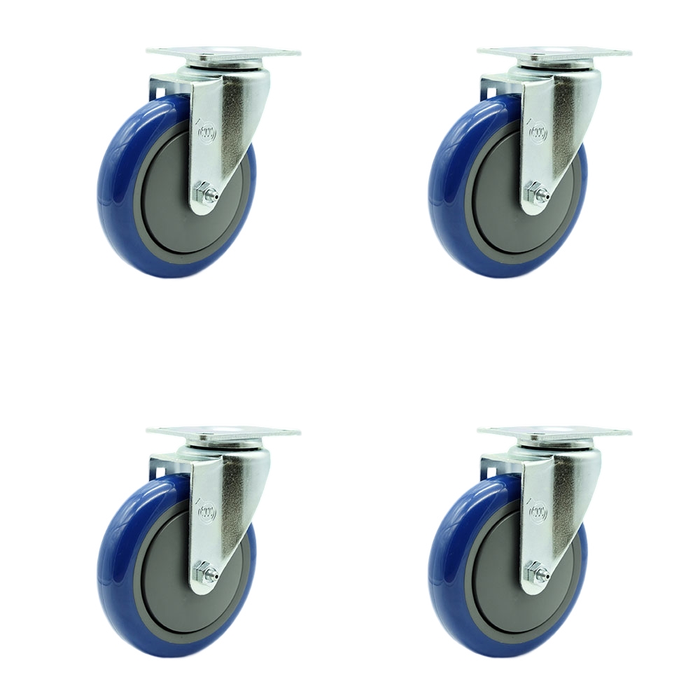 Polyurethane Swivel Top Plate Caster Set of 4 with 5 Inch Blue Wheels - Includes 4 Swivel - 1400 lbs. Total Capacity - Service Caster Brand — photo 1