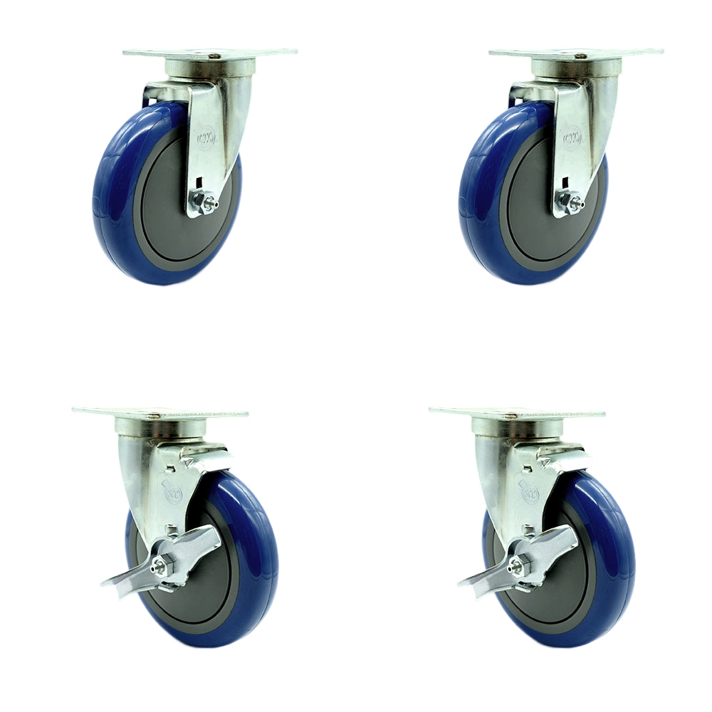 369CASTER4 Cooking Performance Group 5 Inch Caster Set - Light Duty Replacement - Blue Polyurethane Wheel - Includes 2 Swivel Casters & 2 Swivel Casters with Brakes - Service Caster Brand — photo 1