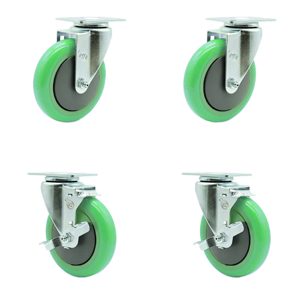 Polyurethane Swivel Top Plate Caster Set of 4 with 5 Inch Green Wheels - Includes 2 Swivel with Top Locking Brakes and 2 Swivel - 1400 lbs. Total Capacity - Service Caster Brand — photo 1