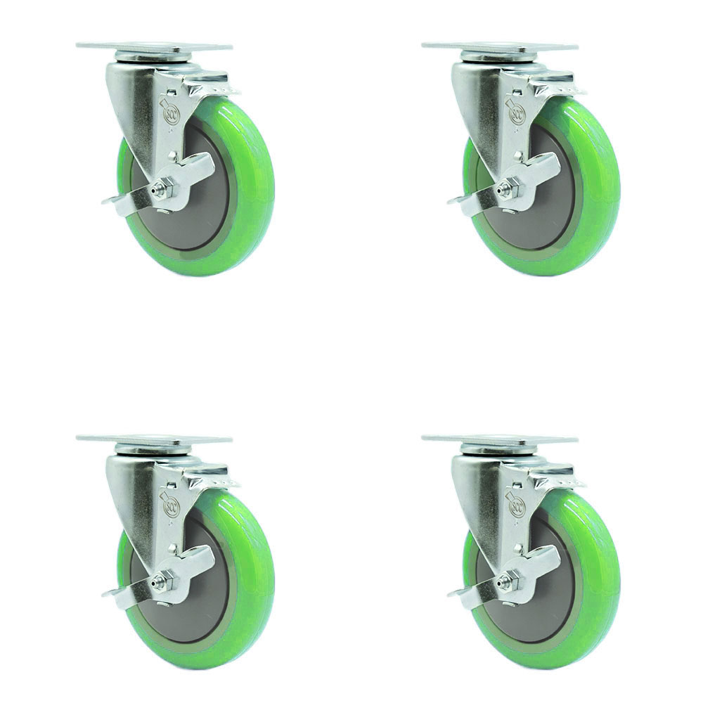 Polyurethane Swivel Top Plate Caster Set of 4 with 5 Inch Green Wheels - Includes 4 Swivel with Top Lock Brakes - 1400 lbs. Total Capacity - Service Caster Brand — photo 1