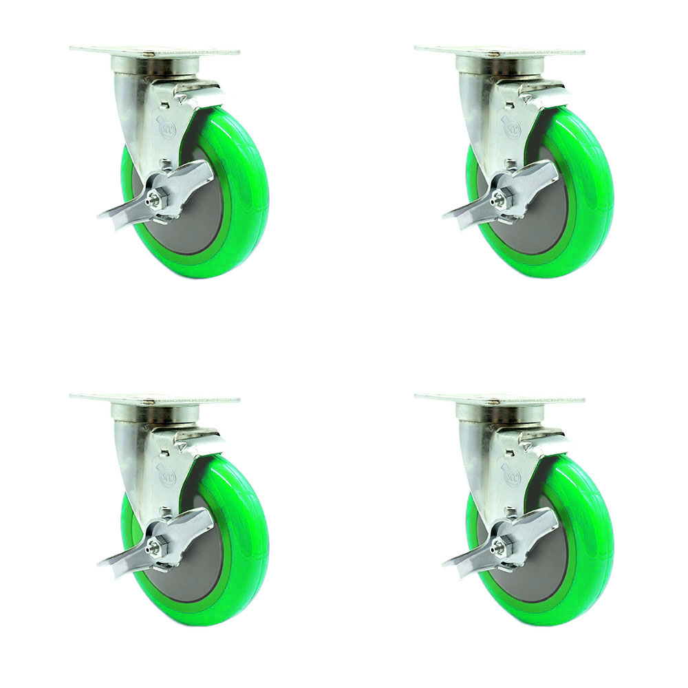 Service Caster - Universal Kitchen Casters - 5” x 1.25" Polyurethane Green Wheels Swivel Casters w/Brakes Non-Marking - Set of 4 — photo 1