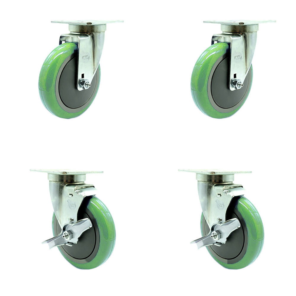 Service Caster - Universal Kitchen Casters - 5” x 1.25" Polyurethane Green Wheels Caster Set of 4 Non-Marking - 2 Swivel w/Brakes/2 Swivel — photo 1