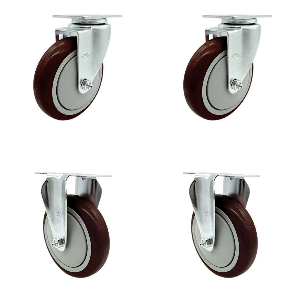 Polyurethane Swivel Top Plate Caster Set of 4 with 5 Inch Maroon Wheels - Includes 2 Swivel and 2 Rigid - 1400 lbs. Total Capacity - Service Caster Brand — photo 1
