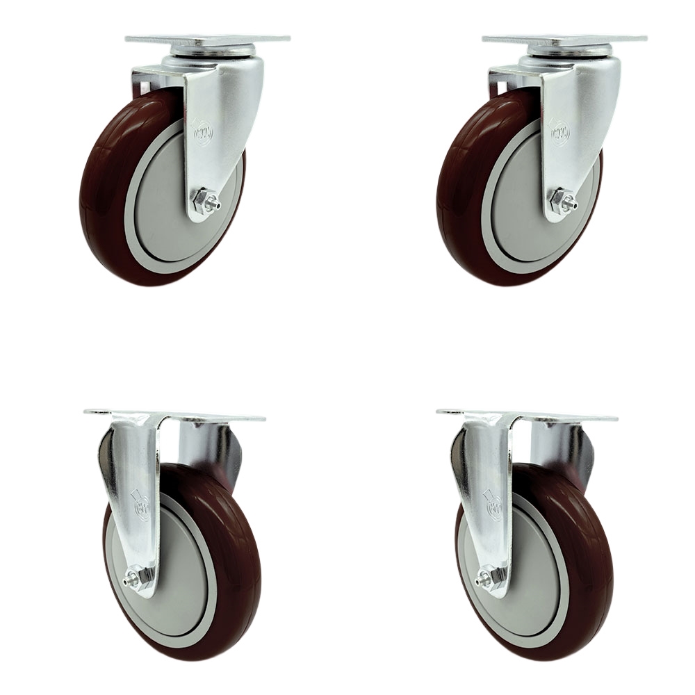 Swivel Caster Set of 4 with 2 Rigid Casters - 5 Inch Maroon Polyurethane Wheel – 350 lbs. Capacity Per Caster–3-1/8 Inch x 4-1/8 Inch Overall Top Plate–Service Caster Brand — photo 1
