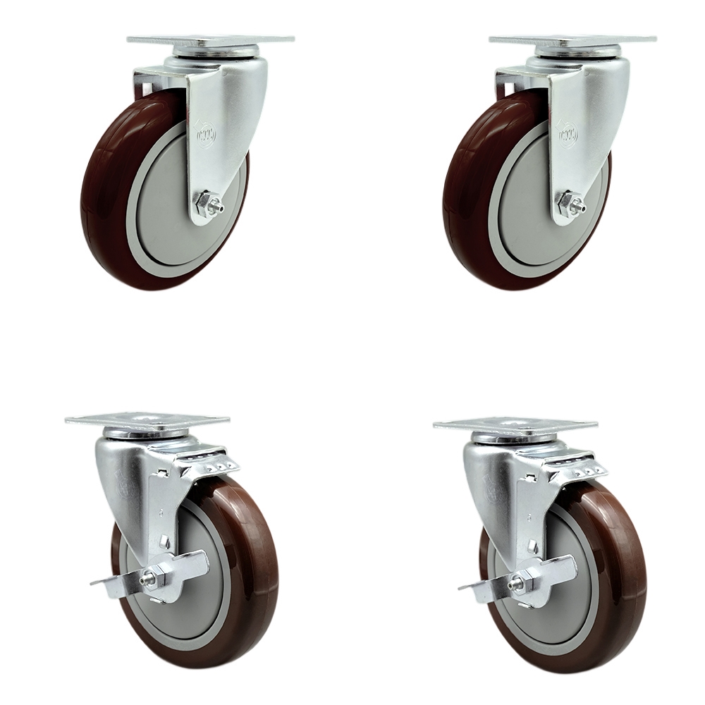 Service Caster Brand Replacement Set for Krowne Casters - 5 Inch Maroon Polyurethane Wheel - Includes 2 Swivel Casters & 2 Swivel Casters with Brakes - Fits Frymaster and Dean Fryers SR142 — photo 1