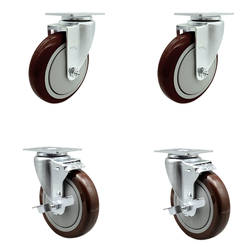 369CASTER4 Cooking Performance Group 5 Inch Caster Set - Light Duty Replacement - Maroon Polyurethane Wheel - Includes 2 Swivel Casters & 2 Swivel Casters with Brakes - Service Caster Brand — photo 1