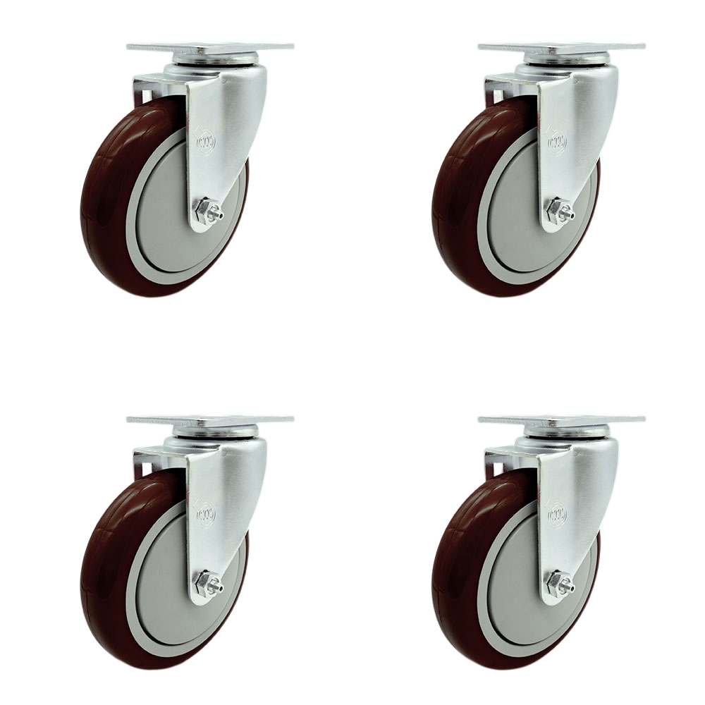 Swivel Caster Set of 4 with 5 Inch Maroon Polyurethane Wheel – 350 lbs. Capacity Per Caster – 3-1/8 Inch x 4-1/8 Inch Overall Top Plate – Service Caster Brand — photo 1
