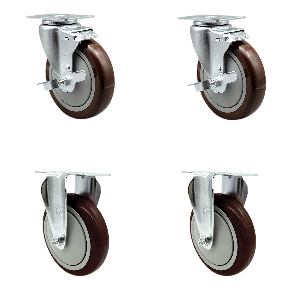 Polyurethane Swivel Top Plate Caster Set of 4 with 5 Inch Maroon Wheels - Includes 2 Swivel with Top Locking Brakes and 2 Rigid - 1400 lbs. Total Capacity - Service Caster Brand — photo 1