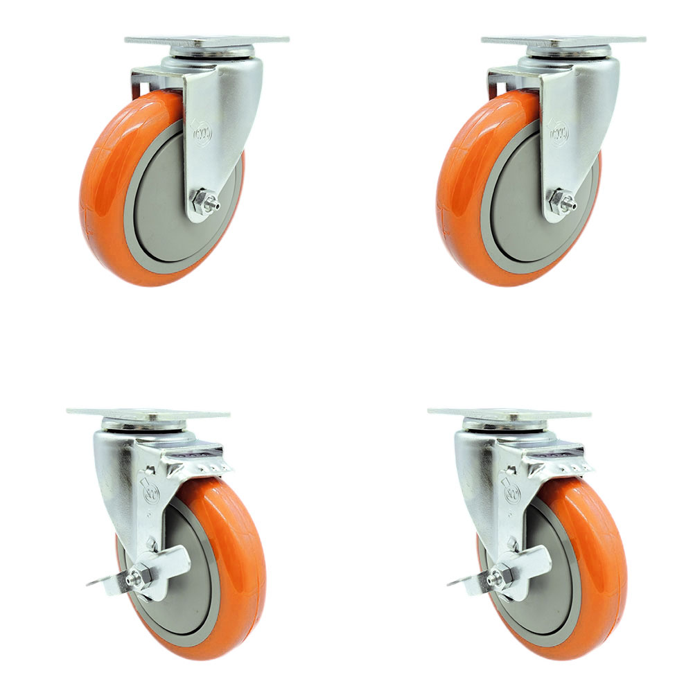 Polyurethane Swivel Top Plate Caster Set of 4 with 5 Inch Orange Caster Wheels - 316 Stainless Steel Casters - Includes 2 Swivel with Top Lock Brakes and 2 Swivel - Service Caster Brand — photo 1
