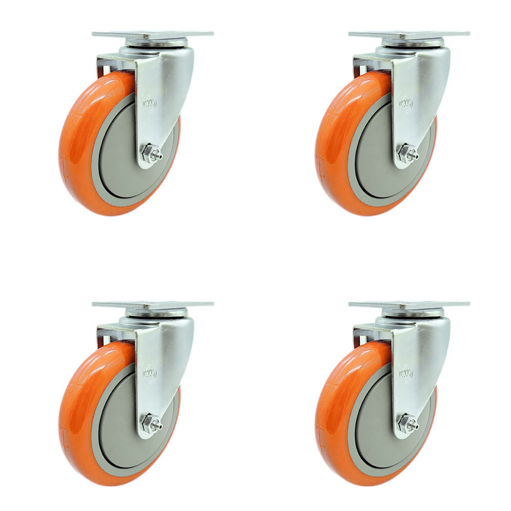 Swivel Caster Set of 4 with 5 Inch Orange Polyurethane Wheel – 350 lbs. Capacity Per Caster – 4 Inch x 4-1/2 Inch Overall Top Plate – Service Caster Brand — photo 1