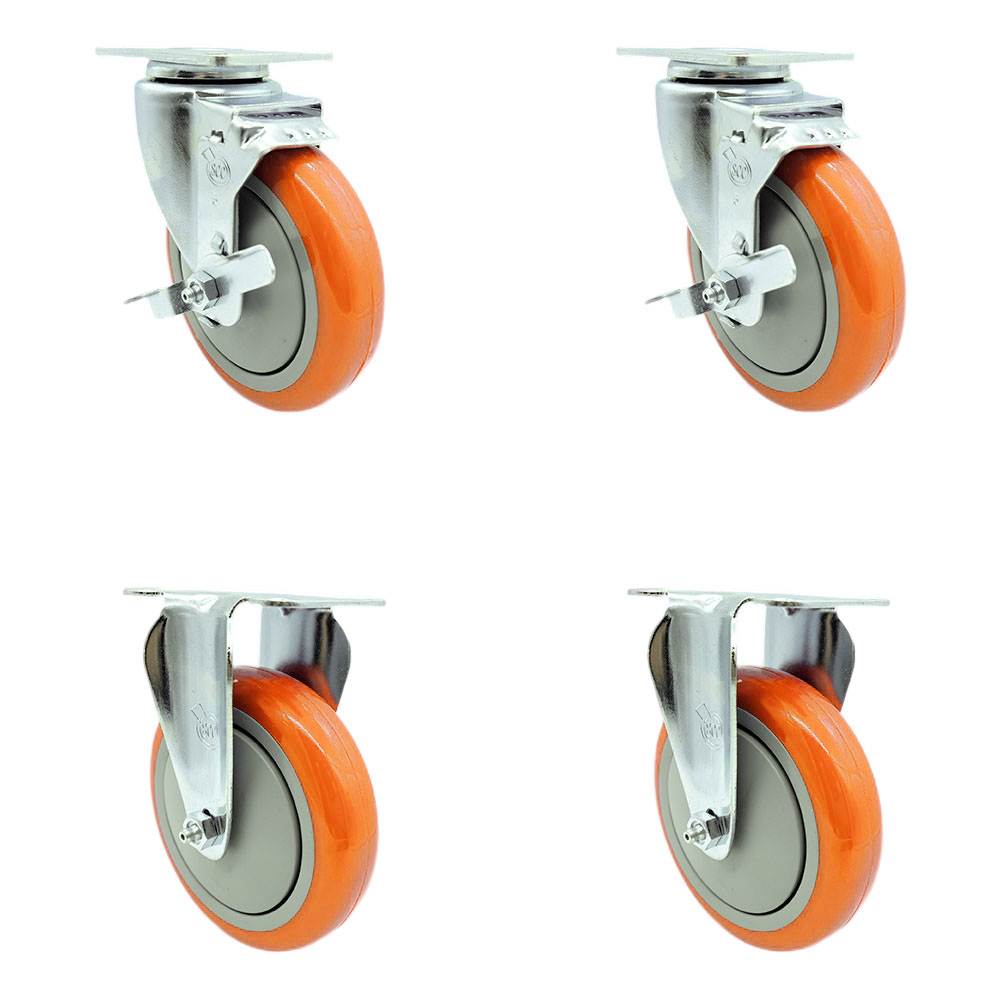 Swivel Caster Set of 4 with 2 Brakes and 2 Rigid - 5 Inch Orange Polyurethane Wheel – 350 lbs. Capacity Per Caster – 3-1/8 Inch x 4-1/8 Inch Overall Top Plate – Service Caster Brand — photo 1
