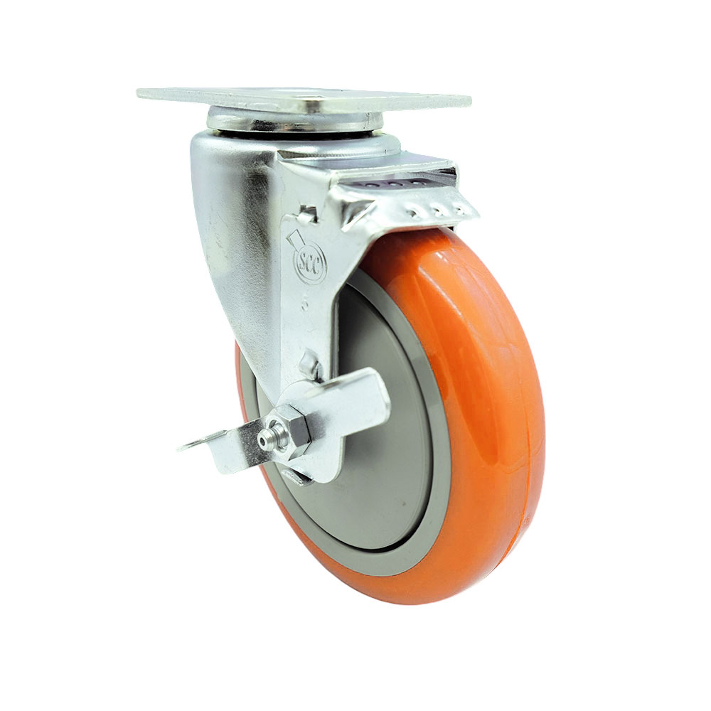 Service Caster Brand Replacement Caster for Genie Caster 57735GT - Swivel Top Plate Casters Caster with 5 Inch Orange Polyurethane Wheel and Top Lock Brake - 4 Inch x 4-1/2 Inch Overall Top Plate — photo 1