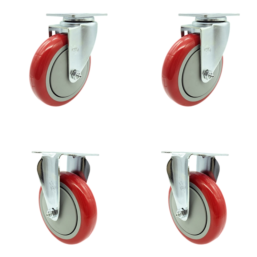 Swivel Caster Set of 4 with 2 Rigid Casters - 5 Inch Red Polyurethane Wheel – 350 lbs. Capacity Per Caster–3-1/8 Inch x 4-1/8 Inch Overall Top Plate–Service Caster Brand — photo 1