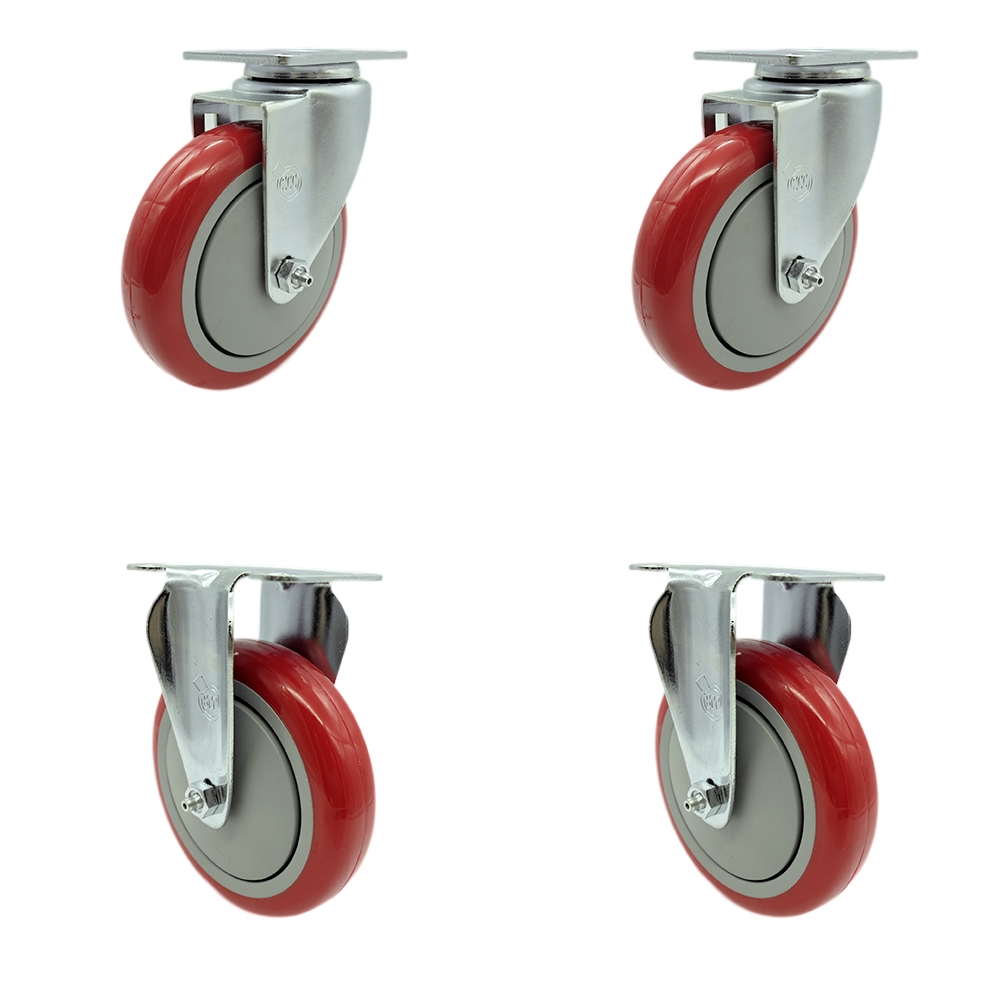 Polyurethane Swivel Top Plate Caster Set of 4 with 5 Inch Red Wheels - Includes 2 Swivel and 2 Rigid - 1400 lbs. Total Capacity - Service Caster Brand — photo 1