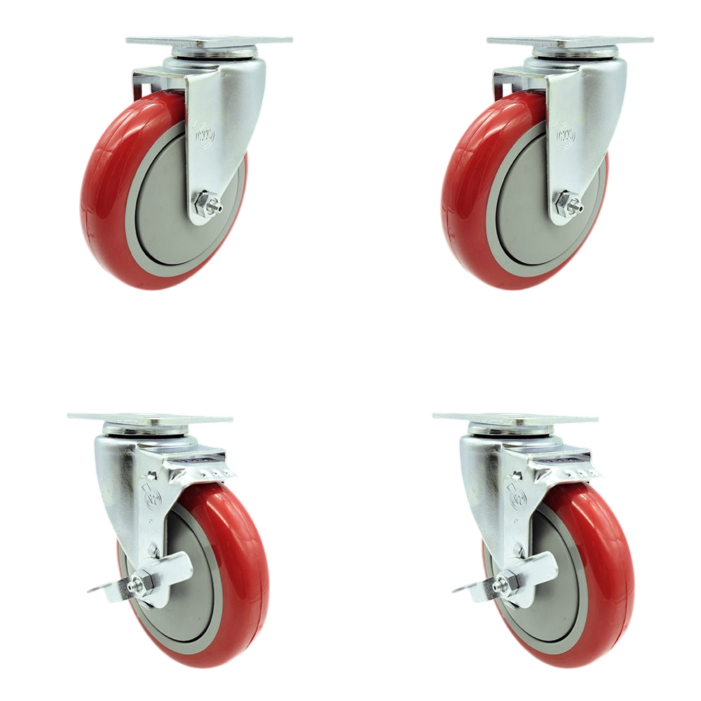 Service Caster Brand Replacement Set for Krowne Casters - 5 Inch Red Polyurethane Wheel - Includes 2 Swivel Casters & 2 Swivel Casters with Brakes - Fits Frymaster and Dean Fryers SR142 — photo 1