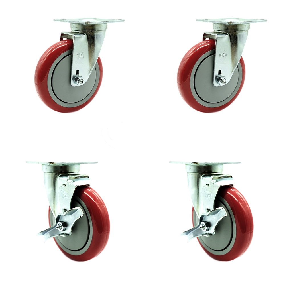 Service Caster – Universal Kitchen Casters – 5” Non-Marking  Poly Red Wheel – 2 Swivel and 2 Swivel w/Brakes – Set of 4 — photo 1