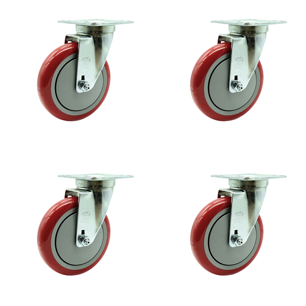 Service Caster – Universal Kitchen Casters – 5” Non-Marking  Red Polyurethane Wheel – 4 Swivel Casters – Set of 4 — photo 1